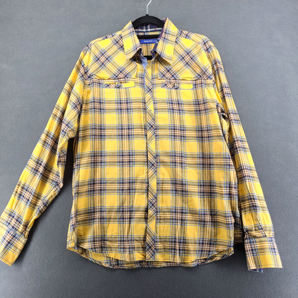 Georg Roth Shirt Mens XL Yellow Plaid Tartan Contrast Flip Cuff LS Button Up